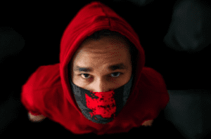 Halloween face mask with red boiler suit
