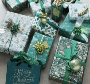 presents wrapped in green wrapping paper